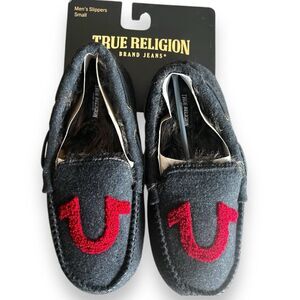 NWT True Religion Mens Slippers Charcoat Gray Red Logo Cozy Lined Size S (7-8)